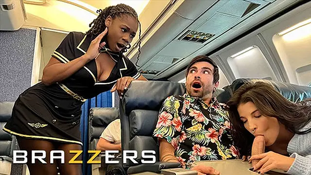 BRAZZERS - Naughty Girls LaSirena69 & Hazel Grace Go To The Back Of The Plane & Share Lucky's Cock