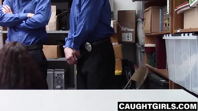 Teen servicing two guards for cum tasting fun