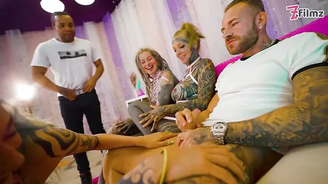 Hardcore gangbang with inked threesome & BBC cumshot