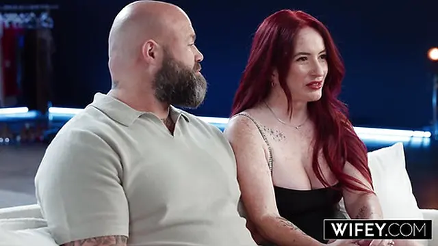 Wifey redhead hotwife peach gets double-teamed by two big BBCs while hubby watches