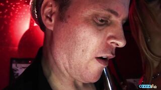 Their natural big tits bounce all around the strip club during an intense threesome action